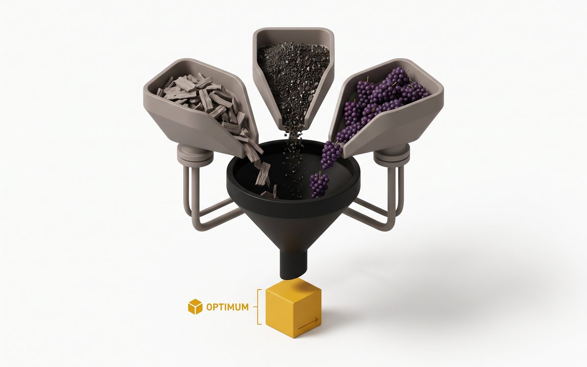 Optimización de blends: tres materias primas —biomasa, concentrado de mineral y uvas— entran a un embudo que produce el blend óptimo